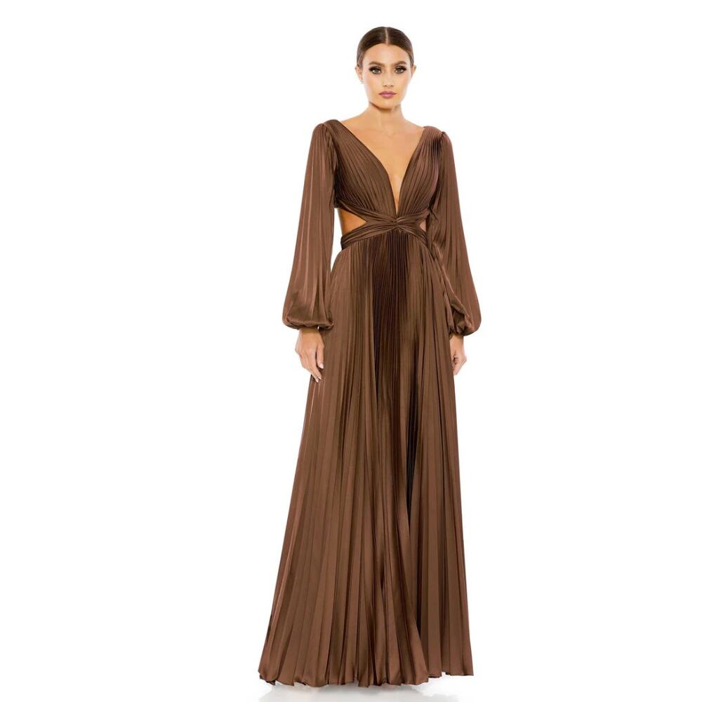 New with Tags Mac Duggal 26737 Brown Pleated Cutout Gown Long Sleeve Size 8 - Picture 3 of 16